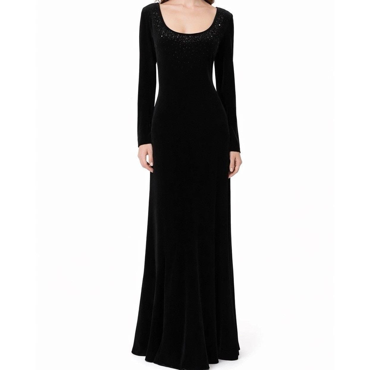 Velvet Size 12 Black Long Sleeve Formal Prom Gown 90s Grunge Glam Whimsi Vamp